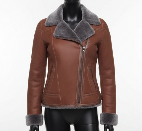 Brown leather jacket with gray fur collar and cuffs on a mannequin against a white background