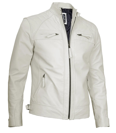Classic Men's Off White Real Leather Cafe Racer Jacket