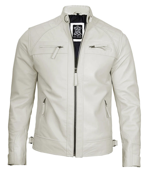 Classic Men's Off White Real Leather Cafe Racer Jacket