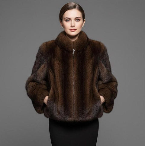 Real Mink Fur Jacket in Dark Brown - Luxurious Elegant Winter Coat
