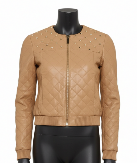 Beige Quilted Lambskin Leather Biker Jacket - Studded Bomber Coat