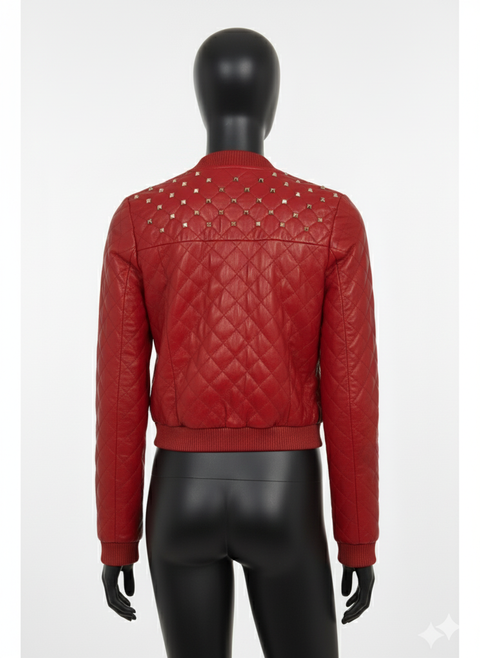 Red Quilted Lambskin Leather Biker Jacket - Studded Bomber Coat