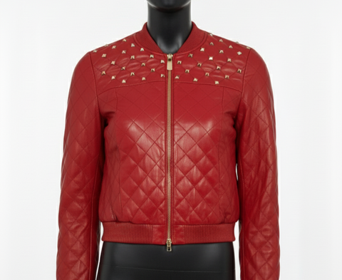 Red Quilted Lambskin Leather Biker Jacket - Studded Bomber Coat
