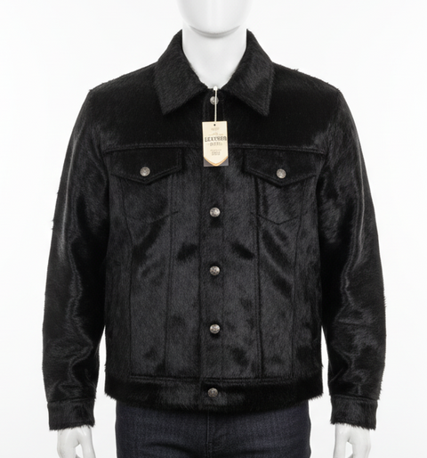 Handmade Genuine Cowhide Jet Black Hair-On Leather Jacket - Natural Cow Skin Fashion Jacket