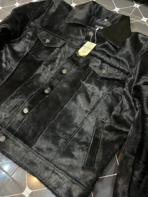Handmade Genuine Cowhide Jet Black Hair-On Leather Jacket - Natural Cow Skin Fashion Jacket
