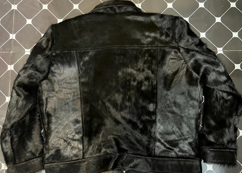 Handmade Genuine Cowhide Jet Black Hair-On Leather Jacket - Natural Cow Skin Fashion Jacket