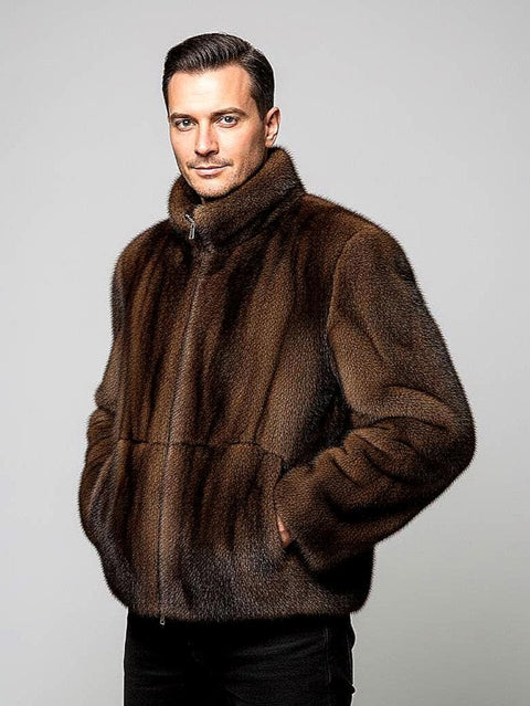 Luxury Men's Real Mink Fur Jacket - Brown Full Skin Bomber Jacket