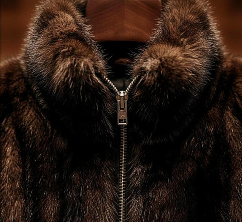 Luxury Men's Real Mink Fur Jacket - Brown Full Skin Bomber Jacket