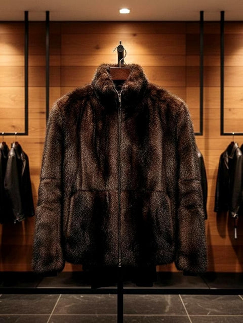 Luxury Men's Real Mink Fur Jacket - Brown Full Skin Bomber Jacket