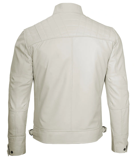 Classic Men's Off White Real Leather Cafe Racer Jacket