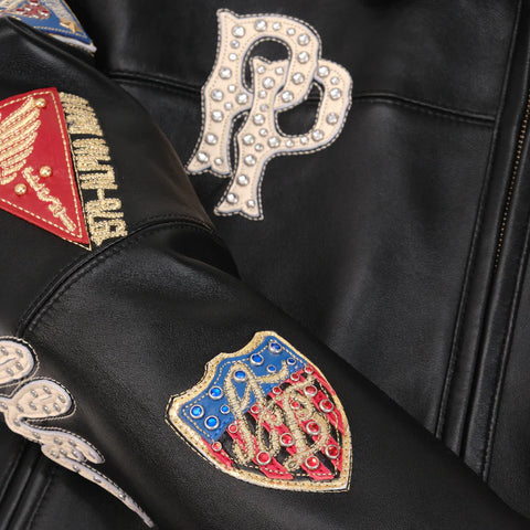 Pelle Pelle American Bruiser Black Leather Bomber Jacket - Side profile with sleeve patches