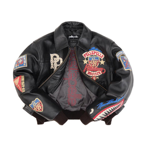 Pelle Pelle American Bruiser Black Leather Bomber Jacket - Front view with patches & logos