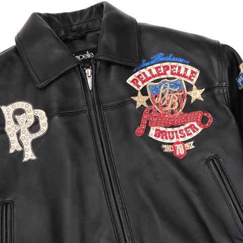 Pelle Pelle American Bruiser Black Leather Bomber Jacket - Front view with patches & logos