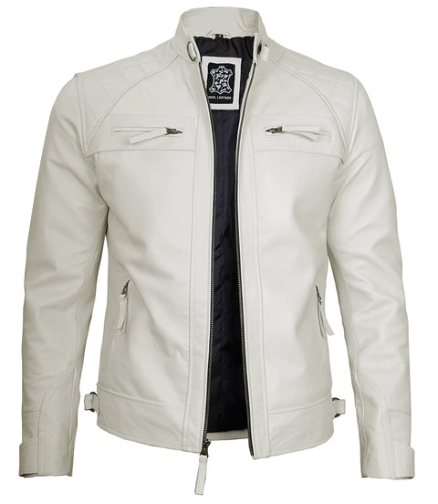 Classic Men's Off White Real Leather Cafe Racer Jacket