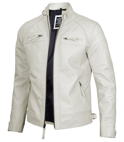 Classic Men's Off White Real Leather Cafe Racer Jacket