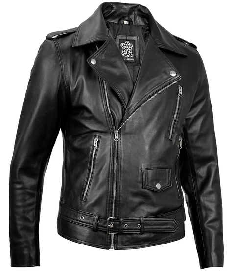 Men's Black Belted Biker Leather Jacket