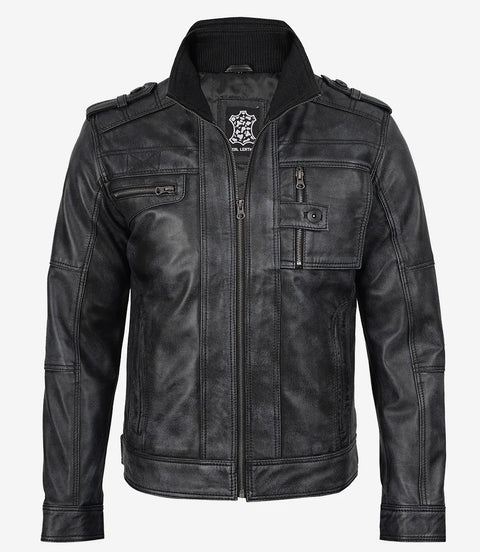 Tavares Men's Distressed Black Leather Biker Fashion Jacket