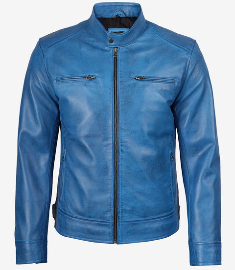 Dodge Mens Cafe Racer Blue Leather Jacket