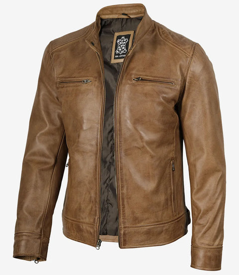 Dodge Men's Camel Leather Cafe Racer Jacket