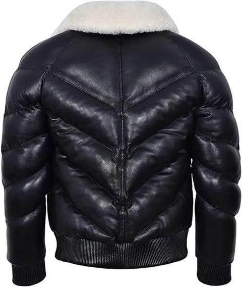 Men's Black Lambskin Leather Puffer Jacket: Quilted Winter Down Coat