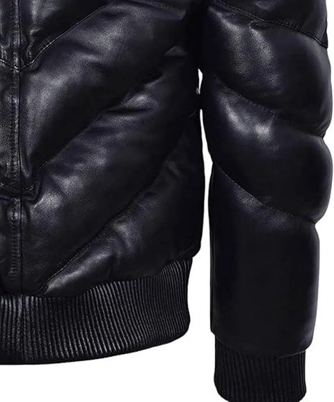 Men's Black Lambskin Leather Puffer Jacket: Quilted Winter Down Coat