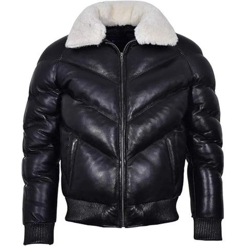 Men's Black Lambskin Leather Puffer Jacket: Quilted Winter Down Coat