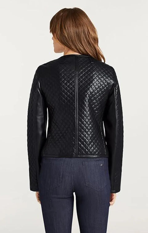 Black Quilted Lambskin Leather Biker Jacket - Studded Bomber Coat