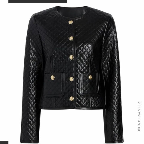 Black Quilted Lambskin Leather Biker Jacket - Studded Bomber Coat