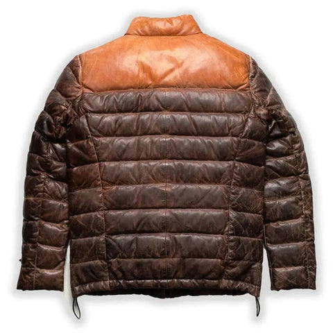 Distressed Lambskin Leather Puffer Jacket: Dual Color Quilted Coat