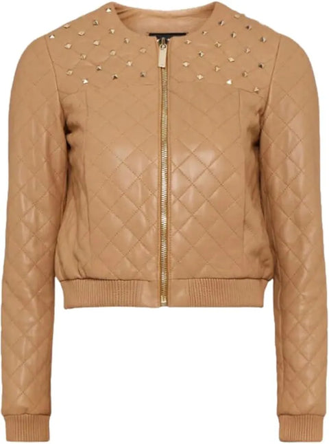 Beige Quilted Lambskin Leather Biker Jacket - Studded Bomber Coat