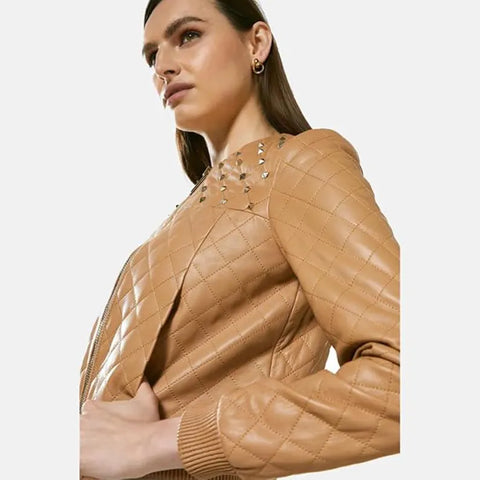 Beige Quilted Lambskin Leather Biker Jacket - Studded Bomber Coat