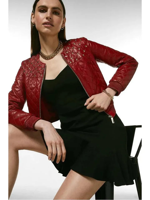 Red Quilted Lambskin Leather Biker Jacket - Studded Bomber Coat