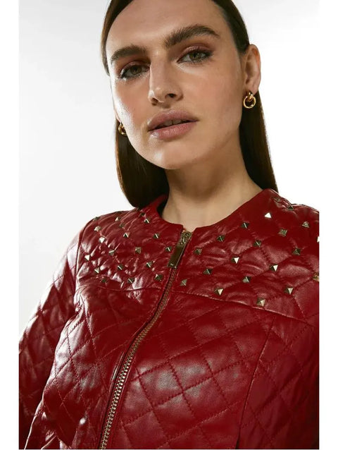 Red Quilted Lambskin Leather Biker Jacket - Studded Bomber Coat