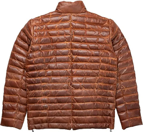 Men's Quilted Lambskin Leather Puffer Jacket: Handmade Moto Style Winter Coat