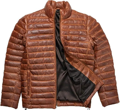 Men's Quilted Lambskin Leather Puffer Jacket: Handmade Moto Style Winter Coat
