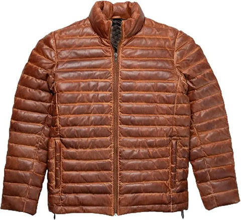 Men's Quilted Lambskin Leather Puffer Jacket: Handmade Moto Style Winter Coat