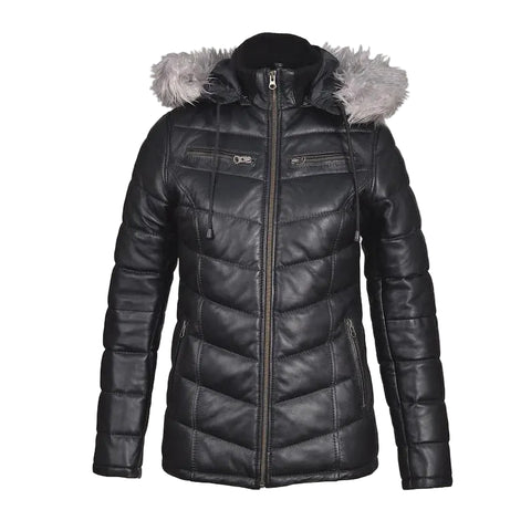 Women’s Black Lambskin Quilted Puffer hooded Jacket | Real Leather Cropped Puffer Coat
