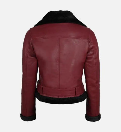 Handmade Real Shearling Maroon Aviator Jacket
