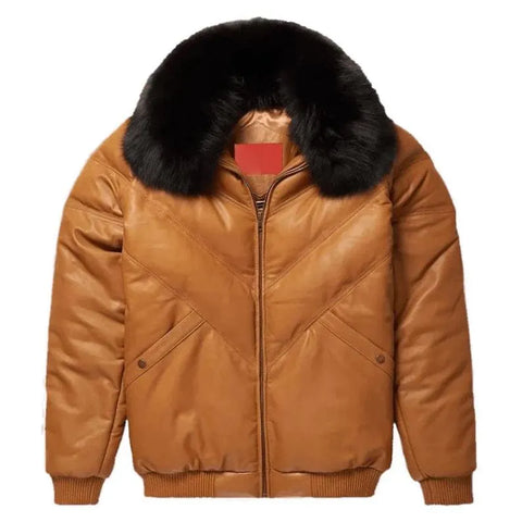 Men's V-Bomber Leather Zipper Jacket Puffer Fox Fur Collar Dual Color Lambskin Coat