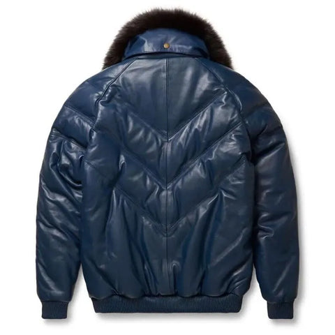 Men's V-Bomber Leather Zipper Jacket Puffer Fox Fur Collar Blue Lambskin Coat