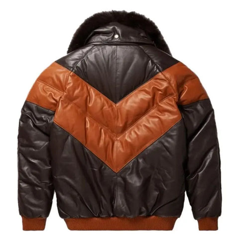 Men's V-Bomber Leather Zipper Jacket Puffer Fox Fur Collar Dual Color Lambskin Coat