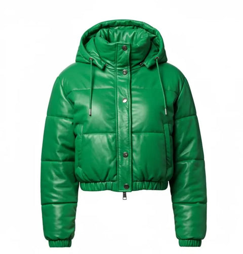 Women’s Green Lambskin Quilted Puffer hooded Jacket | Real Leather Cropped Puffer Coat
