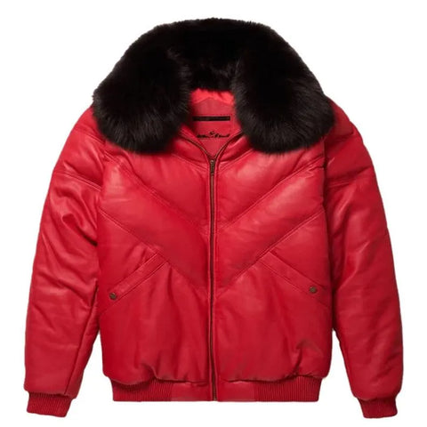 Men's V-Bomber Leather Zipper Jacket Puffer Fox Fur Collar Dual Color Lambskin Coat