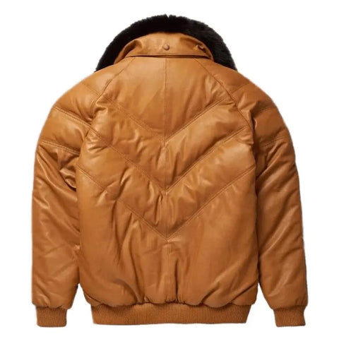 Men's V-Bomber Leather Zipper Jacket Puffer Fox Fur Collar Dual Color Lambskin Coat