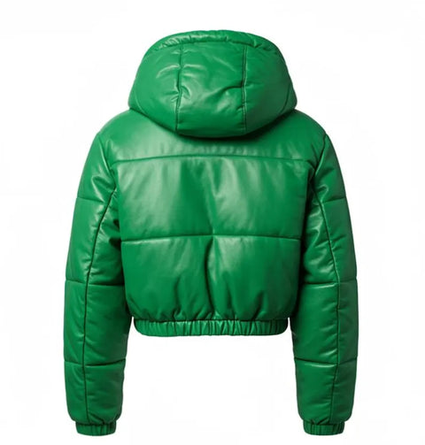 Women’s Green Lambskin Quilted Puffer hooded Jacket | Real Leather Cropped Puffer Coat