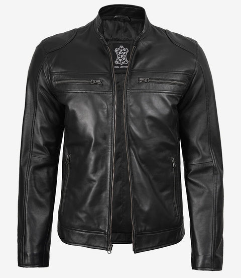 Men’s Classic Black Lambskin Cafe Racer Leather Jacket
