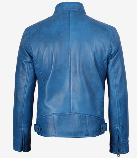 Dodge Mens Cafe Racer Blue Leather Jacket