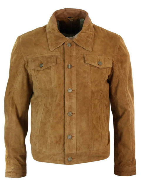 Real Suede Leather Mens Vintage Short Denim Style Retro Jean Jacket Casual - Brown Color