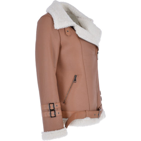 Women's Luxury Side Zip Sheepskin Pilot Jacket Light Tan