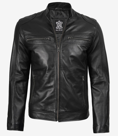 Men’s Classic Black Lambskin Cafe Racer Leather Jacket